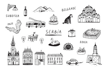 Travel Serbia landmarks vector illustrations doodle set.