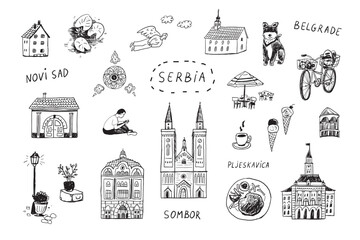 Travel Serbia landmarks vector illustrations doodle set.