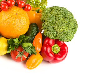 Set of fruits and vegetables isolated on white . Free space for text.