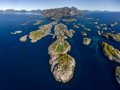 Henningsvaer town panorama aerial drone view 