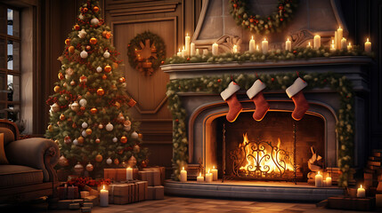 Fototapeta premium fireplace with christmas tree and christmas decorations