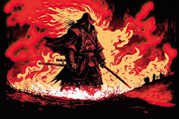 Samurai filled with rage waiting for his opponent in the middle of flames. Generative AI.