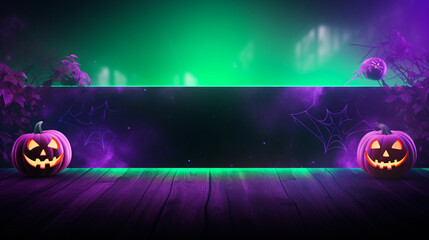 Festive banner with halloween decorations. Empty postcard with copy space. Green and purple colors with pumpkins. Border or frame design. Jack O lantern. Postcard with copy space. Generative AI