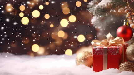 Fototapeta na wymiar Christmas tree and gift box underneath the tree with snow background