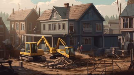 Fototapeta na wymiar Construction site, building a house - vector flat illustration.