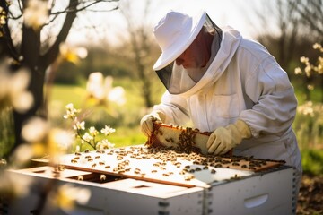 A beekeeper at work with bees and honey.