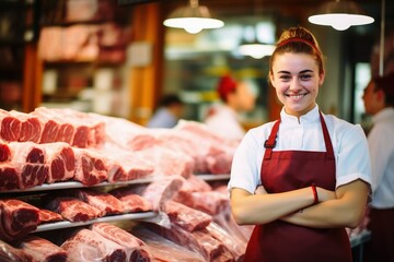 A female butcher sales clerk at work.