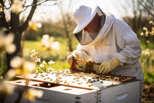 A beekeeper at work with bees and honey.