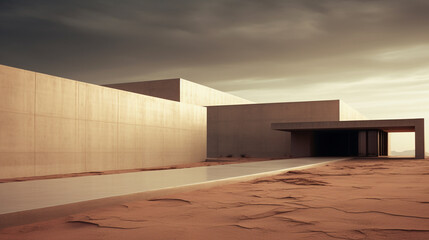 Bâtiment, structure futuriste et moderne dans un paysage désertique. Architecture.