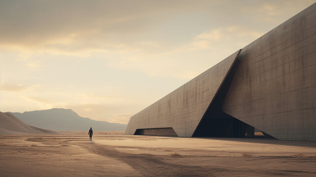 B&acirc;timent, structure futuriste et moderne dans un paysage d&eacute;sertique. Architecture.