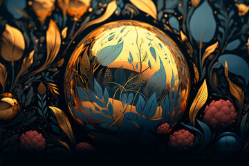 Abstract golden ball with simply drawn flat leaves. Generative AI.