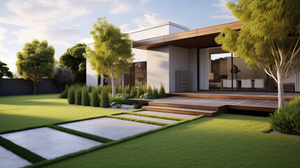 Fototapeta na wymiar Contemporary European home: Front yard with artificial grass turf and timber edging.