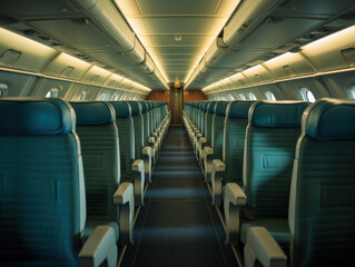 Obraz premium Commercial aircraft cabin with rows of empty passenger seat