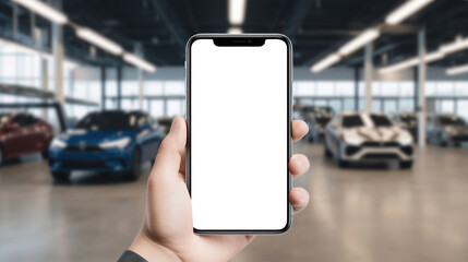Seamless Car Shopping: Phone Mockup with Blank White Screen for an Auto Dealership App, Simplifying the Used Car Buying Experience.