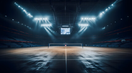 arafed tennis court with lights and a net in the middle Generative AI - obrazy, fototapety, plakaty