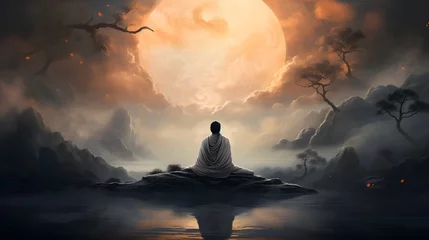 Papier Peint photo Noir un homme médite sur un rocher au milieu de l'eau sous la lune, généré par IA