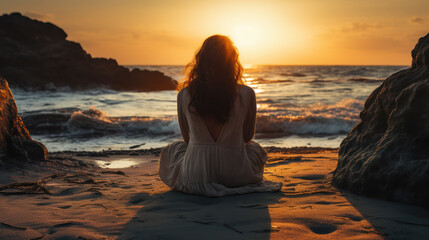 Stressed and alone young woman on beach, AI Generative