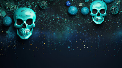 Festive banner with halloween decorations. Empty postcard with copy space. Blue colors with skull. Border or frame design. Generative AI