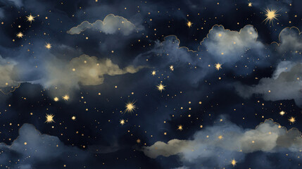 Fototapeta premium Night sky with gold foil constellations, stars, and watercolor clouds in a seamless pattern.