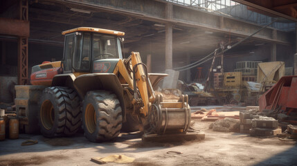 Fototapeta na wymiar Construction site concept with compactor, wheel loader and material equipment vector illustration.