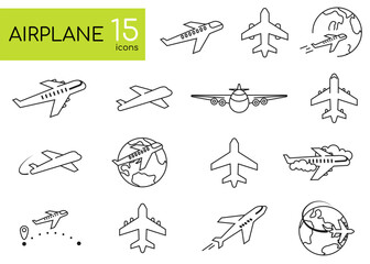 Airport Line Icons Editable Stroke. Plane icons set, passenger airplane, aircraft thin line design. Editable move.