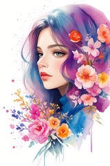 Girl with flowers watercolor young woman with flowers portrait art. Colorful creative watercolor illustration.