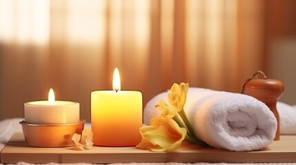 Fototapeta na wymiar towels, flowers and candles