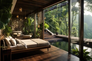A room in a luxury hotel in the jungle overlooking the pool 