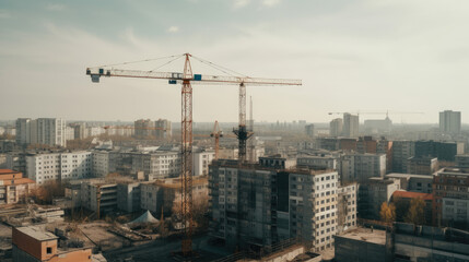 Construction site with a tower crane. Construction of residential buildings. Panoramic view of the construction of skyscrapers. Landscape with a modern city.