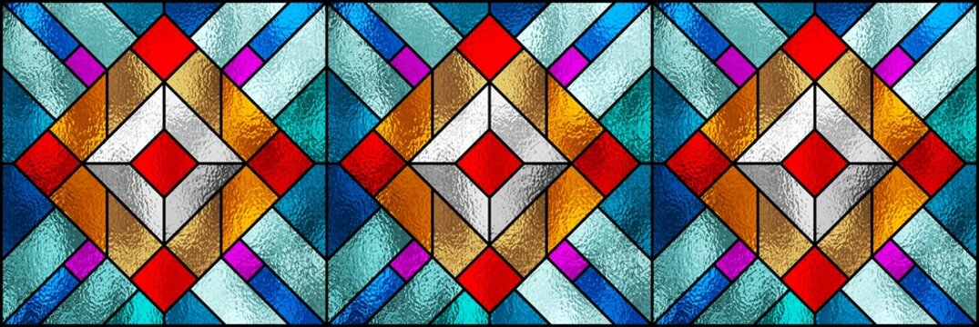 Stained glass window. Seamless geometric colorful stained-glass background. Art Deco decor for interior. Multicolor abstract pattern. Transparency. Art template for design luxury modern interior.