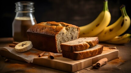 Close up of sliced Banana Bread on a wooden Plate. Commercial Kitchen Backdrop