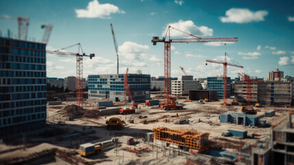 Fototapeta na wymiar Construction Skyline, Scene, Blue Background, Site, City, Urban, Facility.