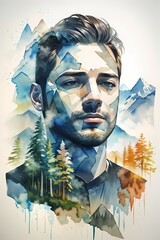 Portrait of a man with double exposure to trees and mountains.