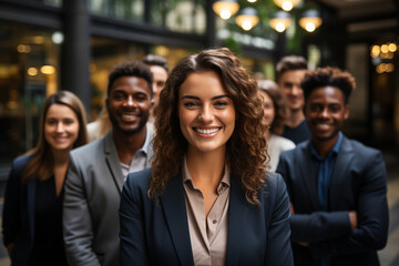 Ai Generative group of happy business man and business women, dressed in suits are smiling, in the office