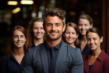 Obraz premium Ai Generative group of happy business man and business women, dressed in suits are smiling, in the office