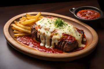 Parmegiana Steak also known as Filet Parmegiana in a wood plate on a rustic wooden background, cheese and tomato sauce. Soft light, angle view.