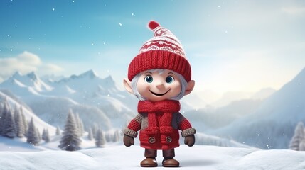 Cartoon christmas elf in a scarf on a winter background