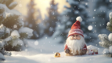 Naklejka na ściany i meble Fairytale Christmas gnome on winter background with space for text