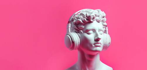 Male sculpture in headphones on a pink background