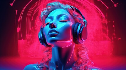 Plastic head of a girl in headphones close-up in neon style