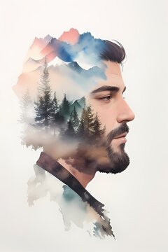 Portrait of a person with a painted face double exposure of a man with trees and mountains in the background abstract painting digital illustration.
