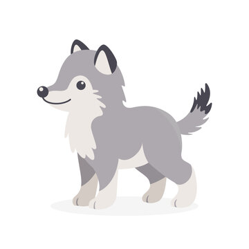 Flat Vector Cute Wolf. Little Wolf or Dog Icon. Adorable Walking Wolf Cartoon Character Isolated on White Background, Side View