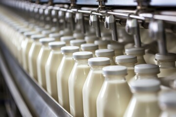 Filling milk or yoghurt in to plastic bottles at factory. Equipment at dairy plant.