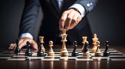 Businessman plays chess. The hand moves the chess piece. Strategy