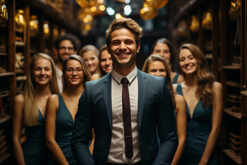 Fototapeta premium Ai Generative group of happy business man and business women, dressed in suits are smiling, in the office