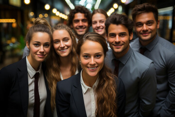 Fototapeta premium Ai Generative group of happy business man and business women, dressed in suits are smiling, in the office