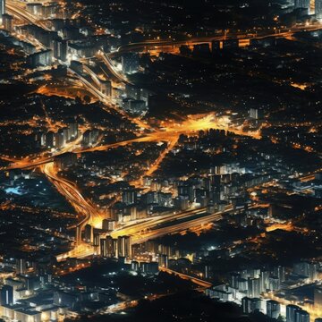 Top view of the city at night with illuminated streets