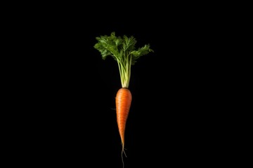 Fresh carrot with green leaves isolated on black background. Healthy food and vegetables