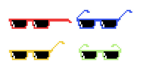 Vector Pixel Boss Glasses Icon Set in 8 bit Retro Style. Summer Meme Game Thug Design, Mafia Gangster Funky Sunglasses. Rap Music Design Element