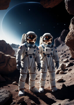 immagine primo piano di astronauti nella tuta spaziale sulla superficie di un pianeta alieno, spazio scuro sullo sfondo